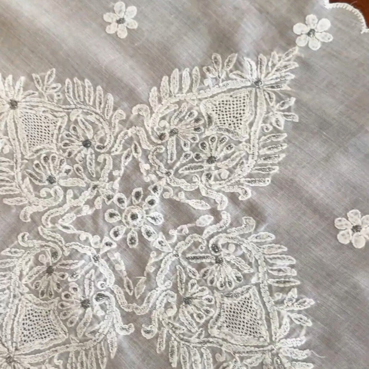 Chikankari Embroidery White Table Runner, 60" x 12" - Coral Slub -